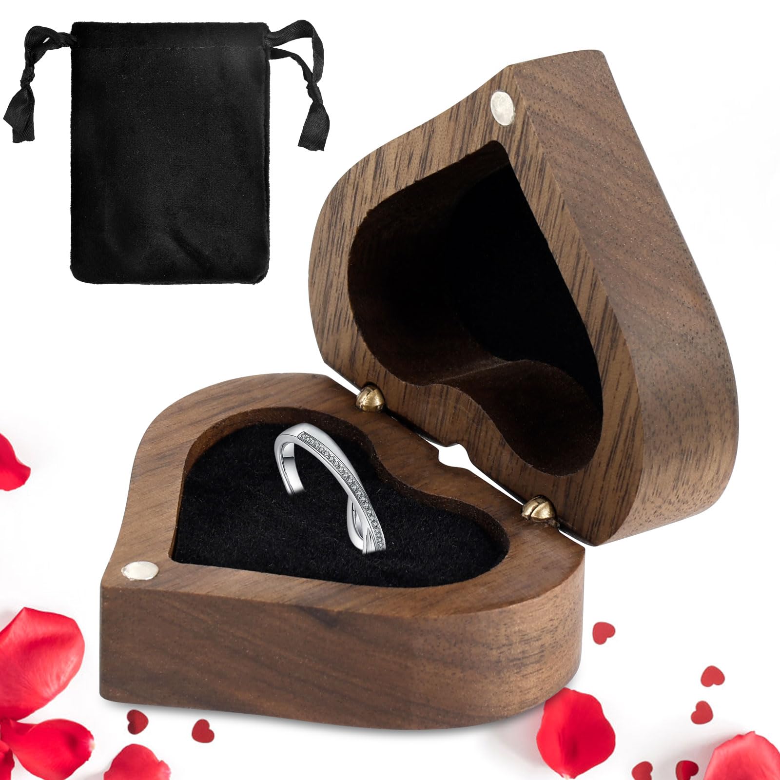 JABNOW Caja de Madera para Anillos de Boda Joyero para Anillo Caja Joyero Pequeño Interior Suave de Terciopelo Cajitas de Nogal de Regalo de Joyería
