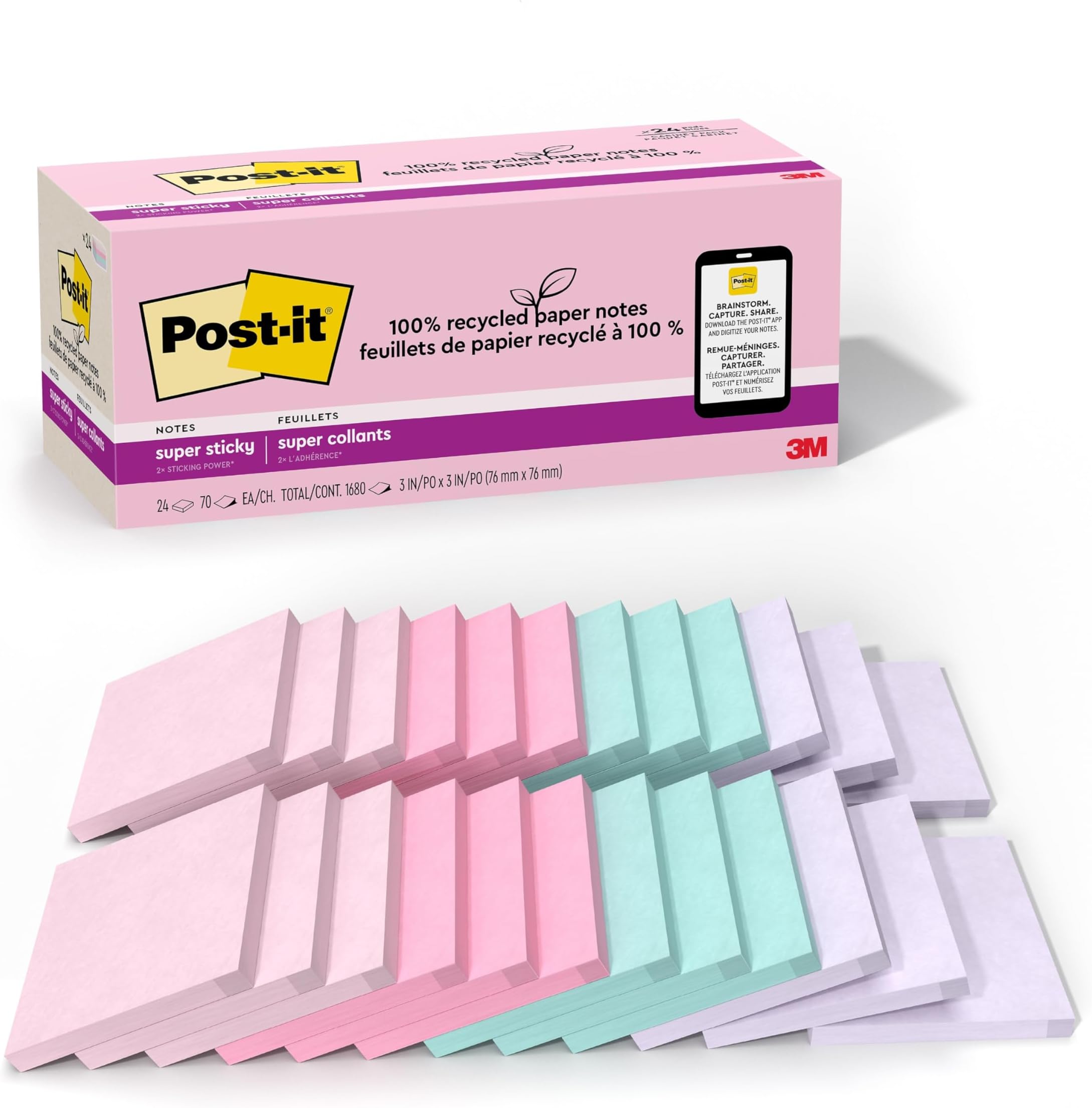 100% Recycled Paper Super Sticky Notes, 3 in. x 3 in., 24 Pads, 70 Sheets per Pad, Wanderlust Pastels, School Supplies and Office Products
