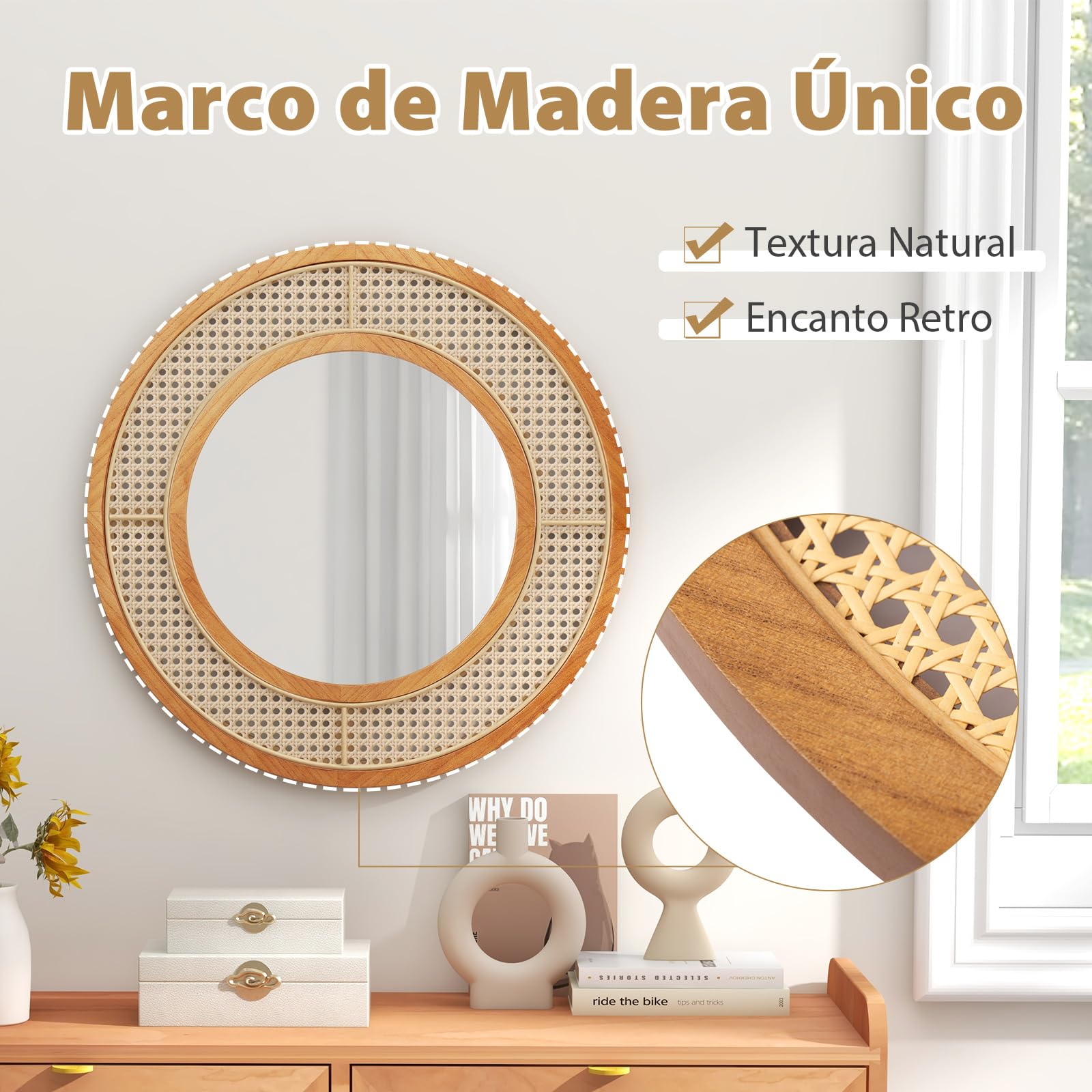 GOPLUS Espejo de Pared de Ratán, Espejo Redondo Bohemio de 65 cm con Marco de Madera, Vidrio de Aluminio, Espejo Decorativo Rústico para Sala, Dormitorio, Entrada, Baño, Instalación Fácil, Natural