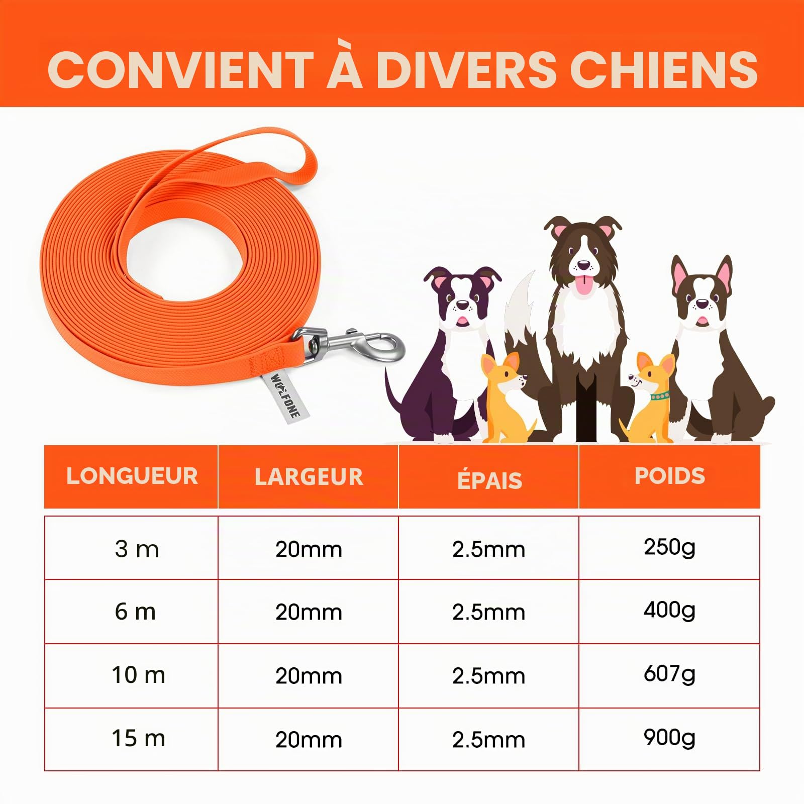 Wolfone Laisse de Dressage Robuste pour Chien avec poignée antidérapante et imperméable pour activités de Plein air Orange 15 m