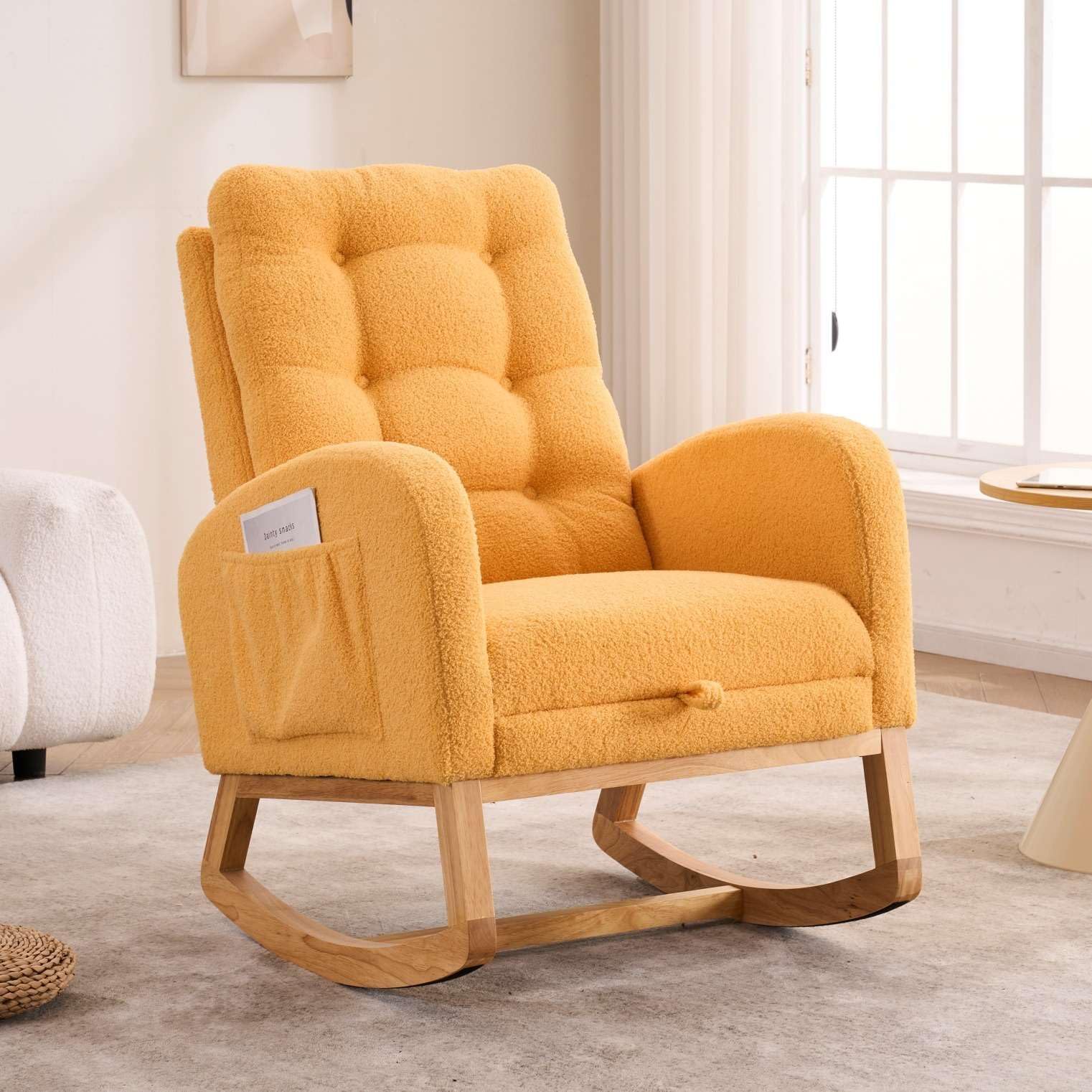 FRITHJILL Teddy Fleece Rocking Chair with Footrest, High-Back Accent Chair with Side Storage Pocket, Soft Tufted Upholstered Armchair with Wooden Base for Living, Bed & Nursery, 39.76