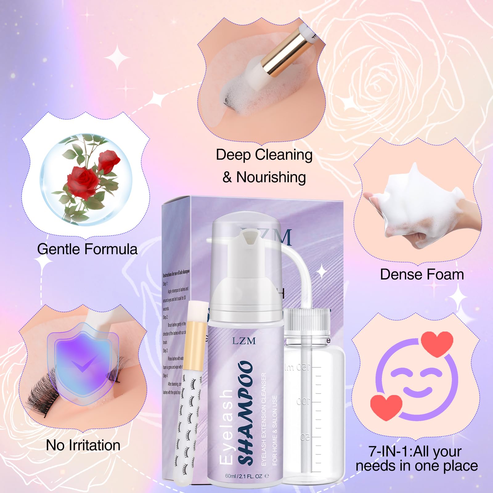 LZM Lash Shampoo for Lash Extensions 60Ml Eyelash Shampoo with Lash Brush + Rinse Bottle Lash Cleanser Paraben & Oil Free Eyelash Cleanser for Eyelash Extensions for Salon and Home Use - Image 3
