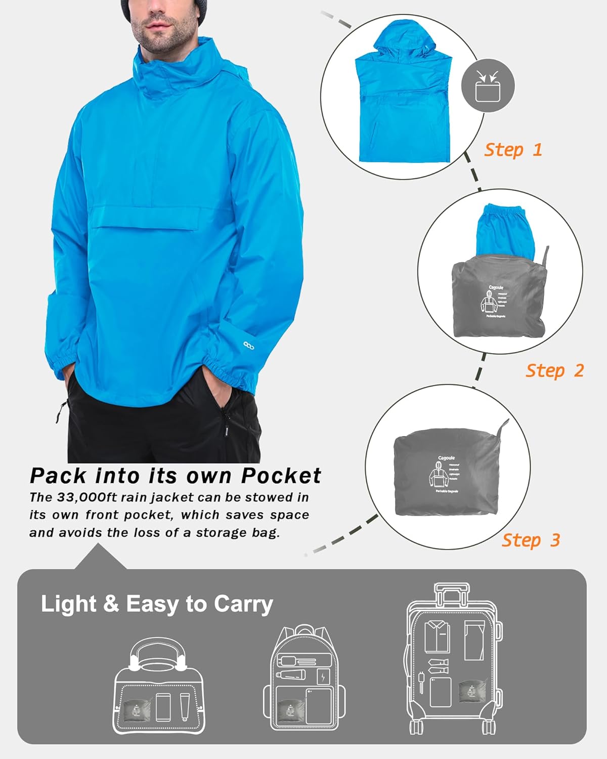 33,000ft Men's Pullover Rain Jacket Waterproof with Hood Lightweight Packable Raincoat Windbreaker for Golf Travel - Image 4