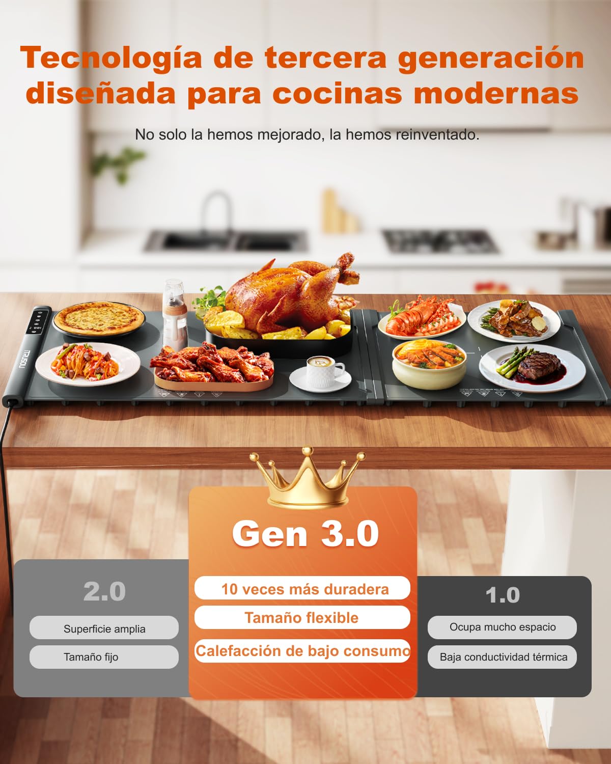 Alfombrilla térmica extensible de silicona 106x40 cm – 7 ajustes de temperatura, conmutable ℃/℉, temporizador 99H, bloqueo infantil – 2 paneles tamaños personalizables para eficiencia energética