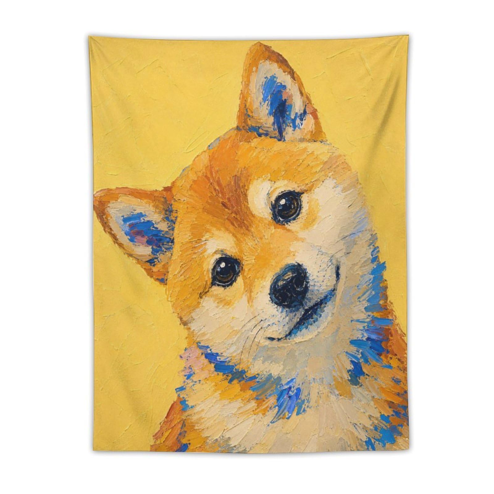 H3B8U2Y5 Shiba Dog Portrait Wall Tapestry, Pop Art, Yellow Background