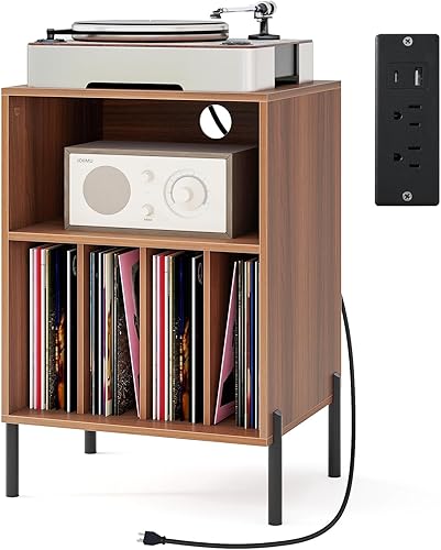 Tangkula Soporte para tocadiscos, mesa auxiliar giratoria con estación de carga y armario de almacenamiento de discos de vinilo con capacidad para