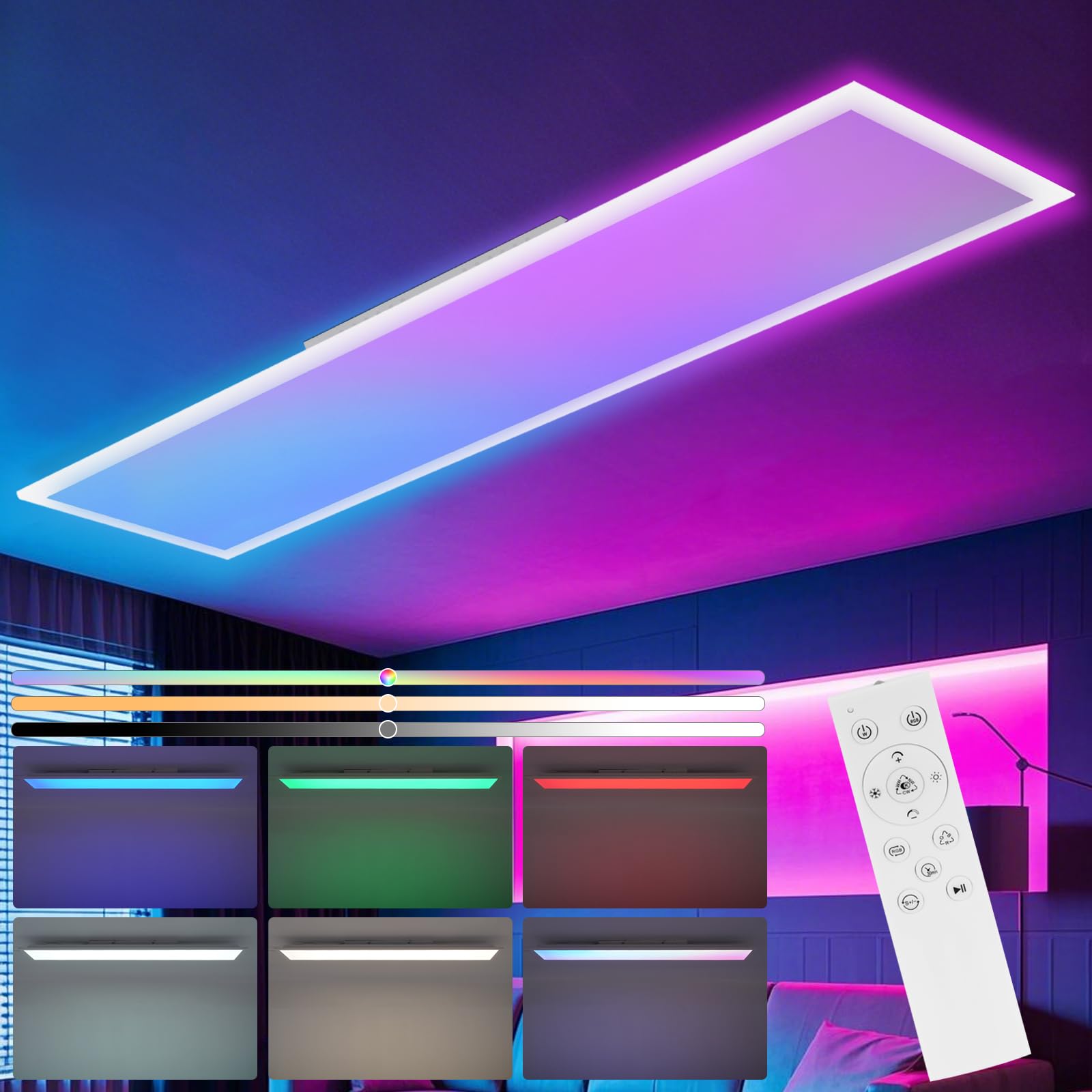 CBJKTX LED Panel 120x30 Dimmerabile - Pannello a Soffitto Lungo Plafoniera | Piatta RGB Cambio Colore Ufficio con Telecomando Lampada da Ufficio 36W Plafoniera per Sala da Pranzo Stanza dei Giochi