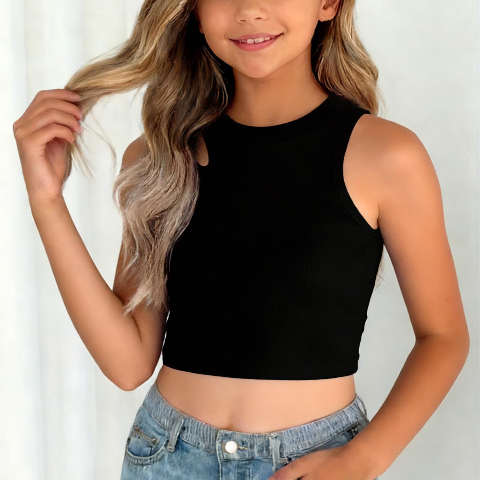 Camiseta deportiva sin mangas para niñas, cuello redondo, hombros descubiertos, para gimnasio y uso diario, casual, yoga, camiseta corta de punto, ajustada, ropa deportiva para la escuela