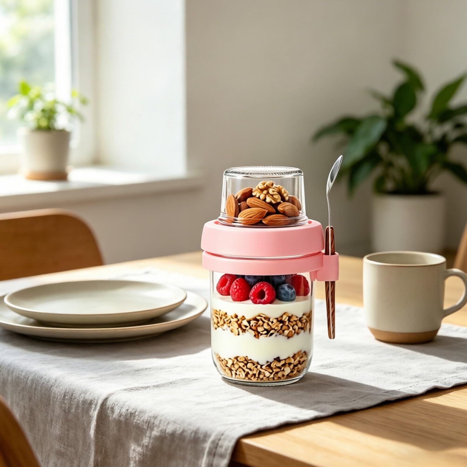 Juego de 2 vasos de cereales para llevar, 480 ml + 120 ml, vasos de yogur para llevar, vasos de preparación de comida, smoothie Bowl, vasos de avena para trabajo, escuela y viajes, color