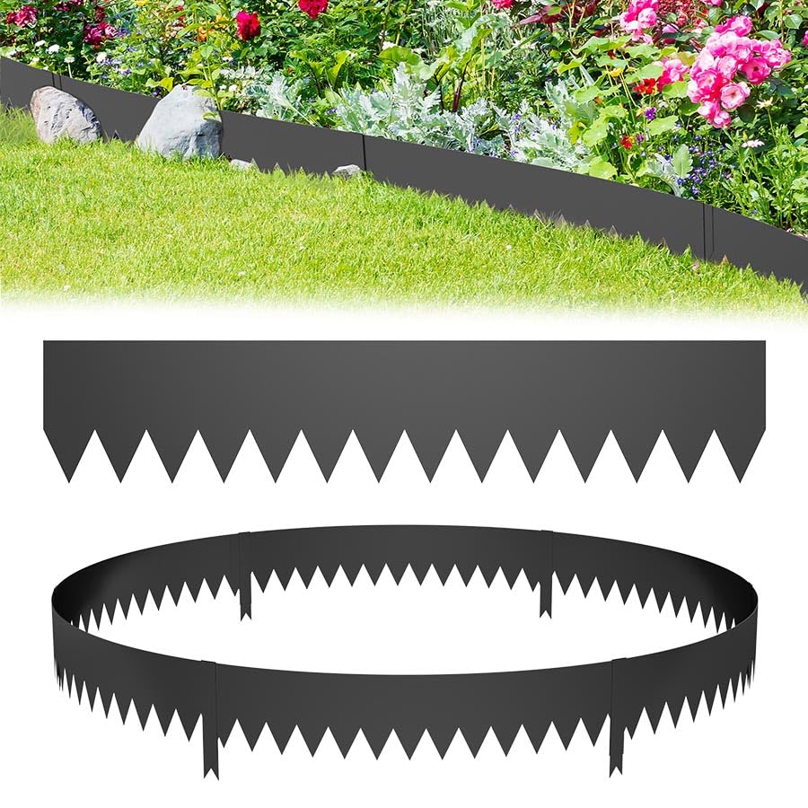 Aufun 20Pcs Metal Lawn Edging Heavy Duty Galvanized Steel Rust Resistant Easy Install for Flower Beds, Lawn Separation, Garden Design and Outdoor Landscaping, Black (100cmL x 20 cmH)