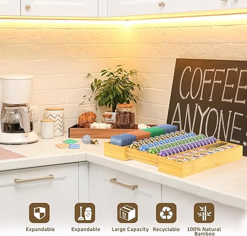 Miniatura 7 de Soporte de almacenamiento de cápsulas de café de bambú, bandeja organizadora de cápsulas de café expandible para inserto de cajón de mostrador,