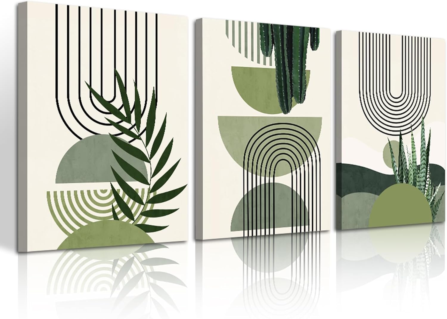 WENGTIAO Boho Sage Green Canvas Wall Art Set of 3, Framed Minimalist Aesthetic Botanical Wall Pictures Geometric Line Plants Leaf Artwork Paintings Room Decor for Bedroom Living Room Office 16"x24"x3 Boho-green plant 16"x24"x3Pcs