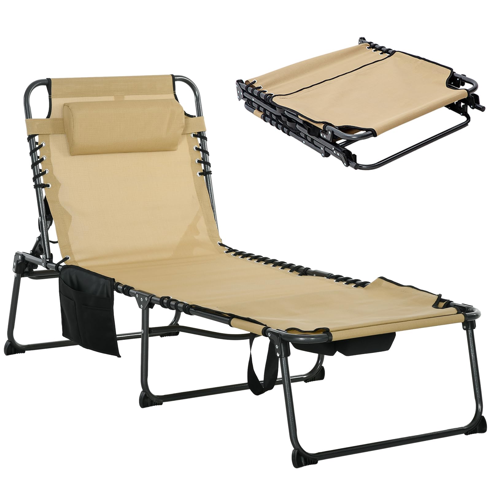 Yilezena Folding Chaise Lounge Chair,5-Level Adjustable Reclining Back with Reading Face Hole, Outdoor Sun Tanning Chair for Beach, Poolside & Patio,