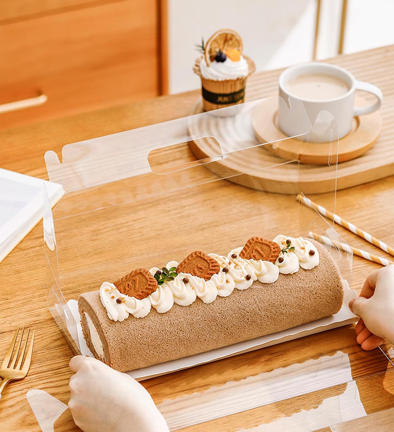 20 Pcs 11 Inch Clear Roll Cake Gable Boxes with Handle & Cake Boards, Transparent Plastic Gift Boxes，Easy Carrying Pastry Containers for Bakery Christmas Wedding, Size: 11” x 4.3” x 4”