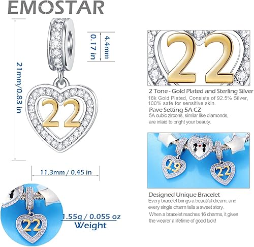 Miniatura 3 de EMOSTAR Dijes de cumpleaños de 10 a 20, 21, 22, 23, 24, 25, 28, 30, 33, 35, 40, 45, 50, 55, 60, 65, 70, 75, 80 que se ajustan a pulseras y collares