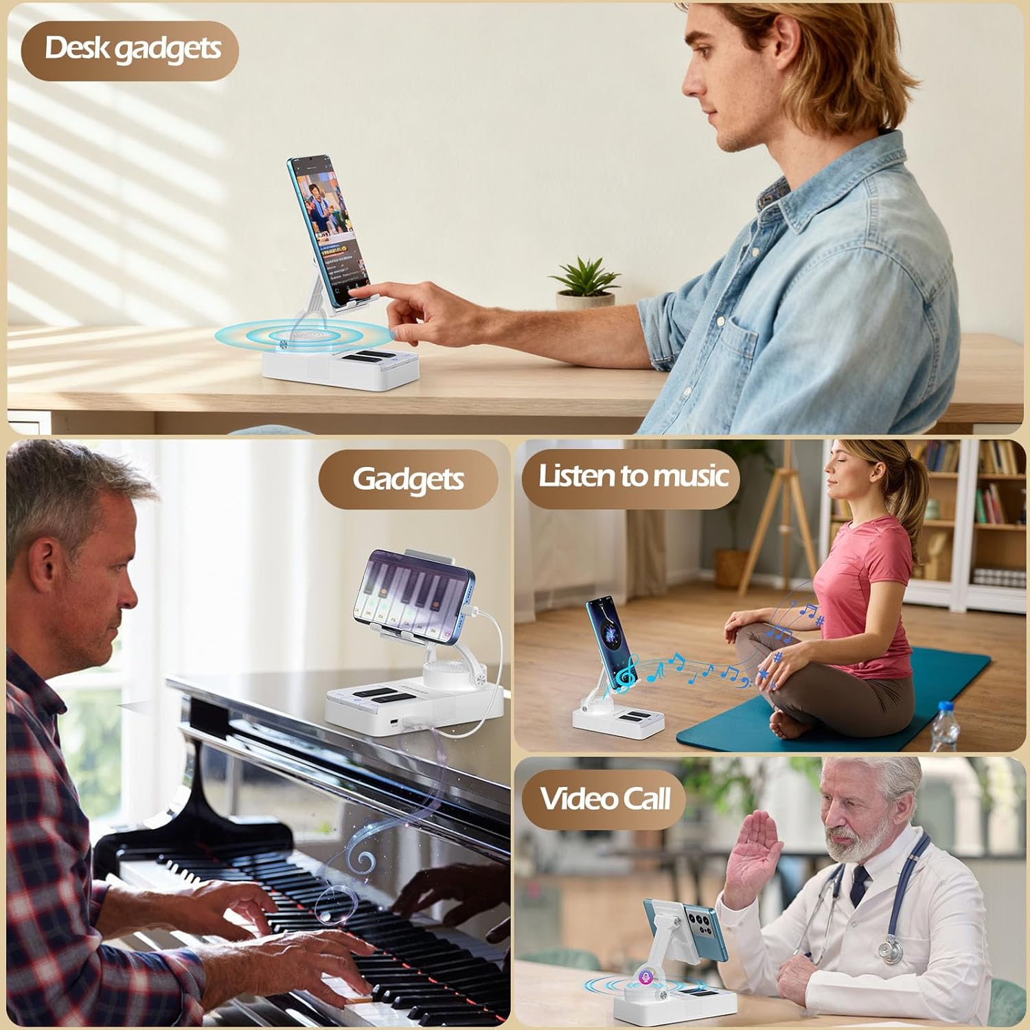 JTEMAN Cell Phone Stand with Bluetooth Speaker and Charging Stand,Piano Keys Design,Birthday Gifts for Men Women Dad Mom Husband Boyfriend Cool Tech Gadgets-White