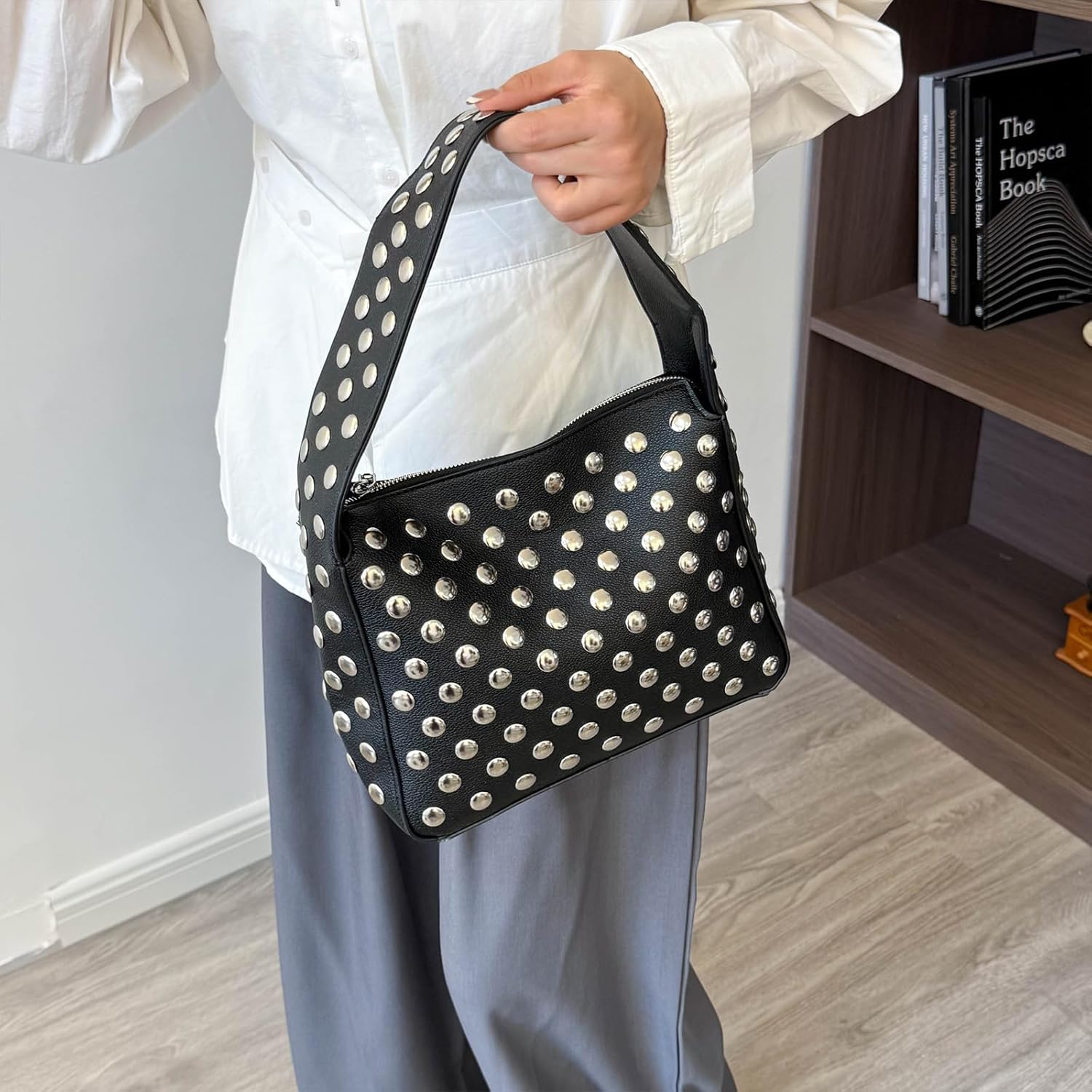 JQAliMOVV Studded Purses for Women Y2K Black Shoulder Bag Fall Punk Purse Leather Tote Bag Handbag - Image 7