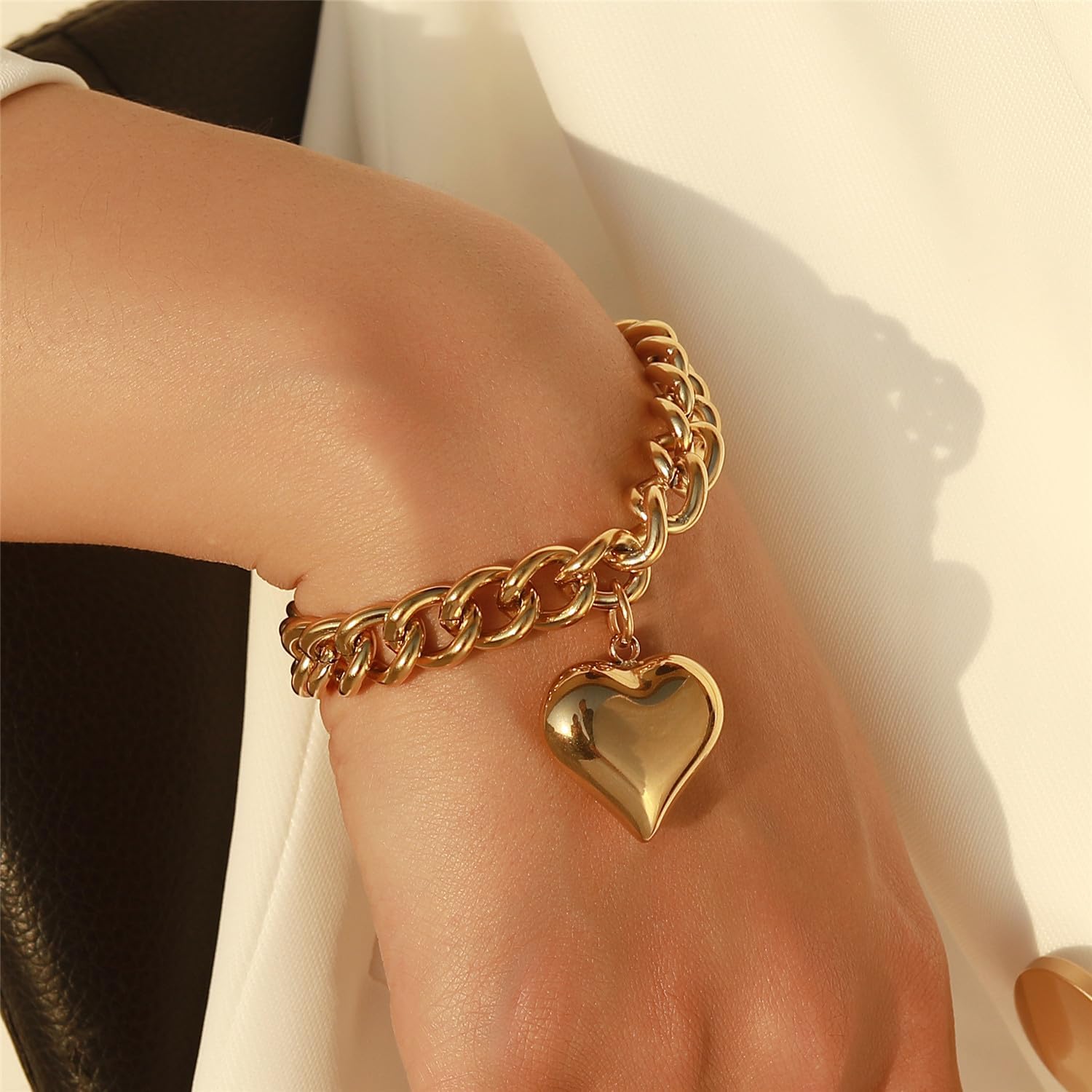 Stainless Steel Statement Chunky Big Puffy Heart Charms Bracelet for Women Thick Statement Chain Link Bracelets for Lover