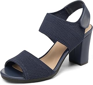 Women's Chunky Block High Heels Elastic Knit Open Toe Slingback Heeled Sandals