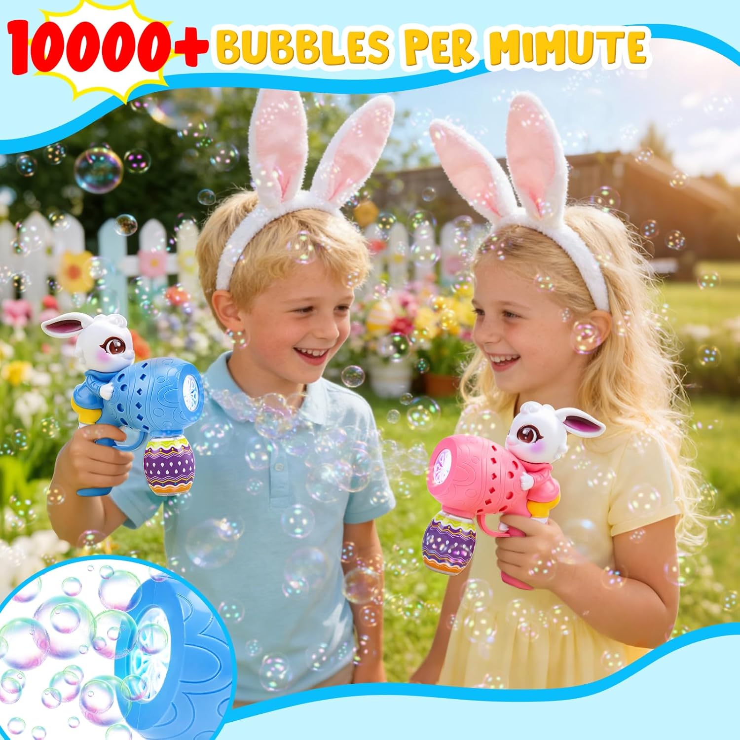 Easter Bunny Bubble Gun for Kids, 2 Pack Rabbit Bubble Machine Kit for Toddlers, Easy One-Button Operation, Easter Basket Stuffers Gift