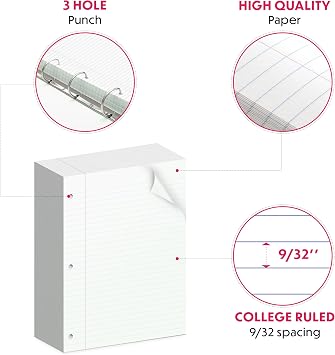 Alitte Notebook paper Loose Leaf Paper,Standard (College Ruled, 4 Pack of 150 total of 600)