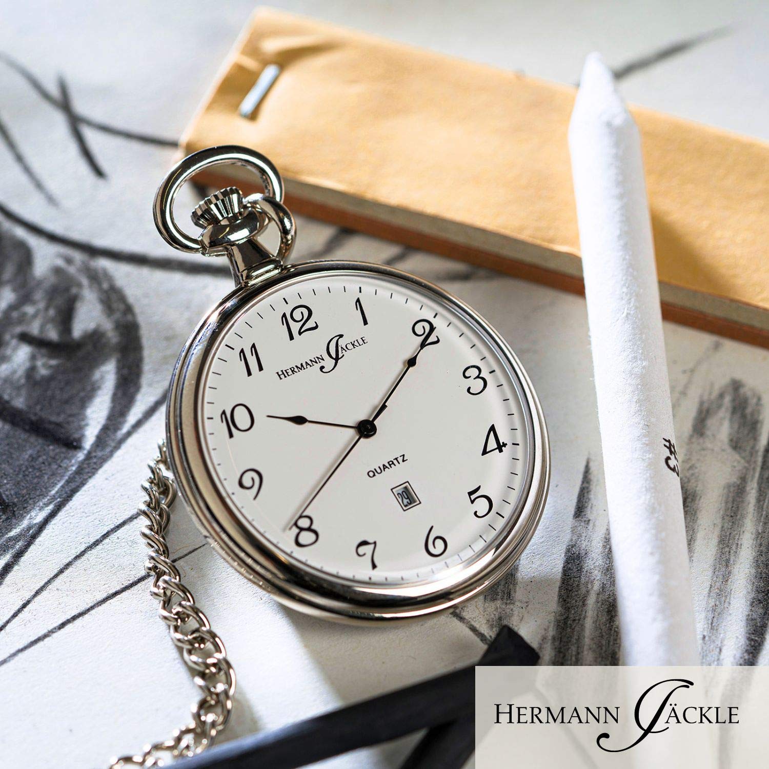 Hermann Jäckle Herren Taschenuhr Konstanz II Quarz 47 mm Silber | Quarzwerk, Datumsanzeige, großes Piloten-Zifferblatt, inklusive Kette und Reiseetui