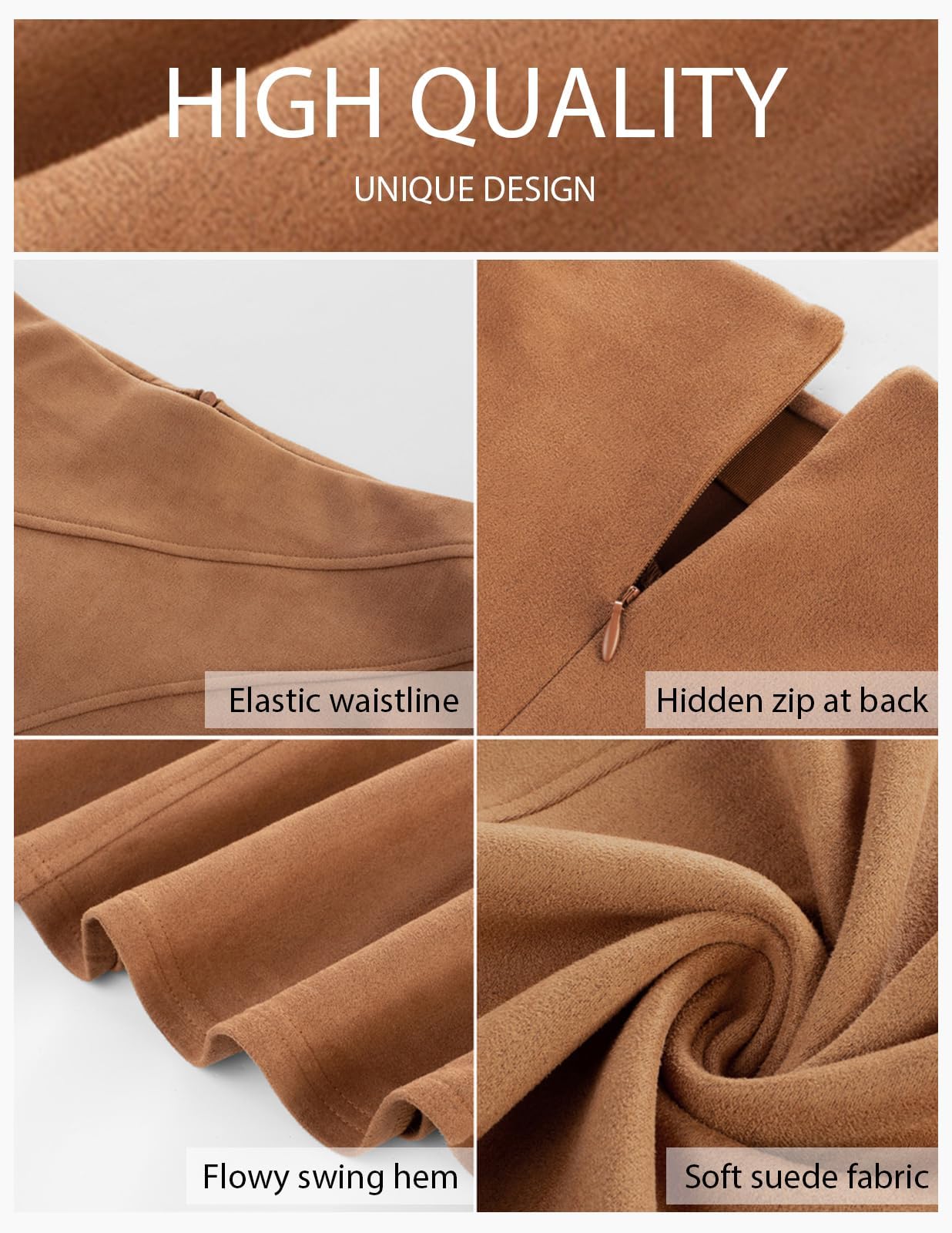 Kate Kasin Jupe Midi Femme en Daim Synthetique Taille Haute Elegante Ligne A