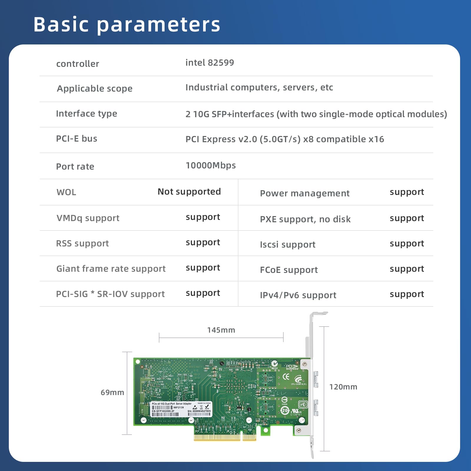 Scheda di rete in fibra ottica a doppia porta SFP+ PCI-E X8 da 10 GB, (con modulo ottico a modalità singola in 2 pezzi) con chip Intel 82599, adattatore server Ethernet X520-LR2, supporta