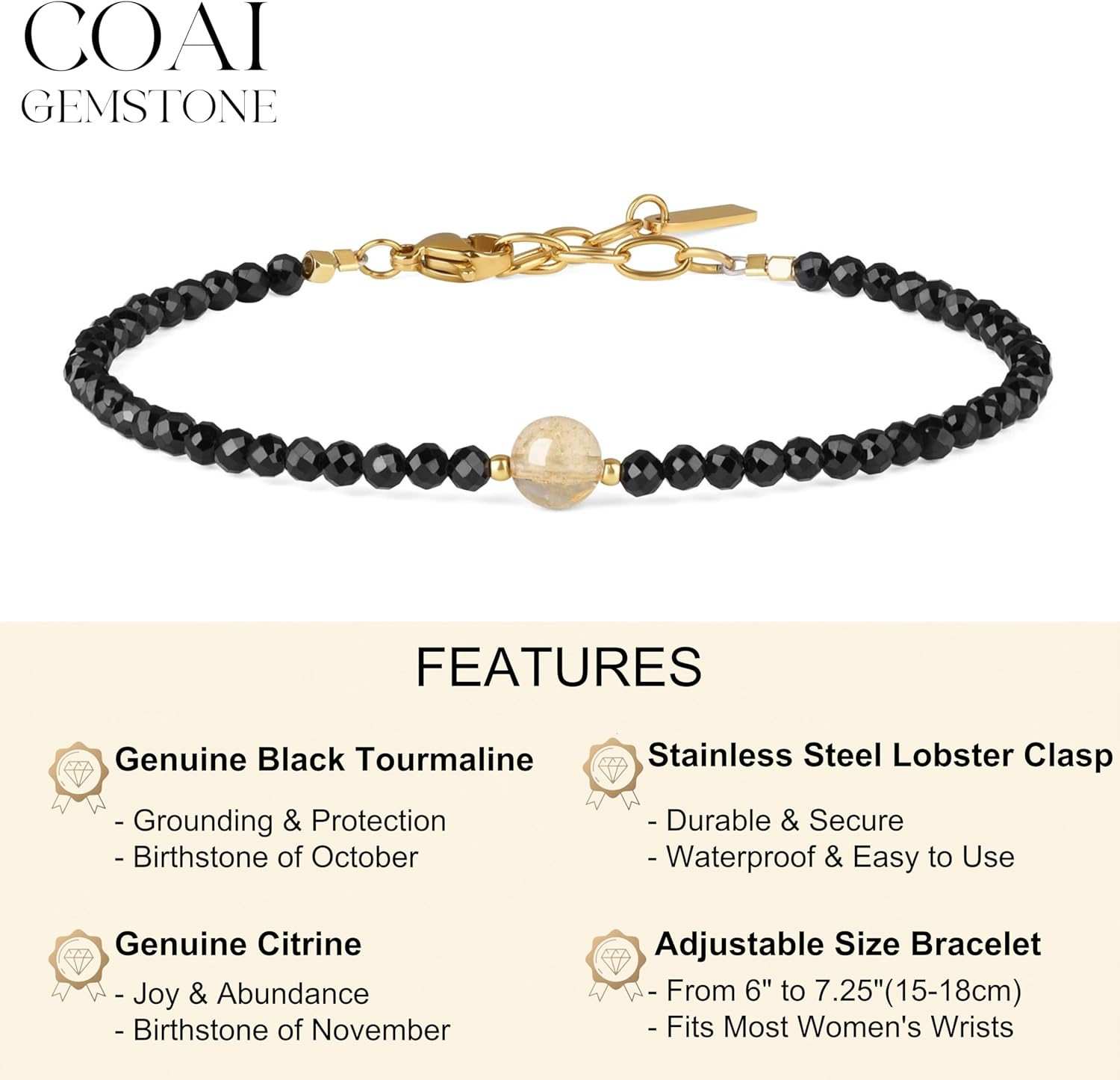 COAI Black Tourmaline Bracelet for Women, Crystal Beaded Protection Bracelet for Women 3mm - Image 3