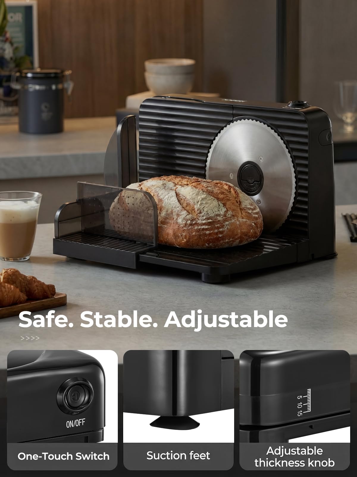FOHERE Allesschneider Elektrisch Klappbare Brotschneidemaschine 2 Edelstahlklingen Schnittstärke 0-15mm
