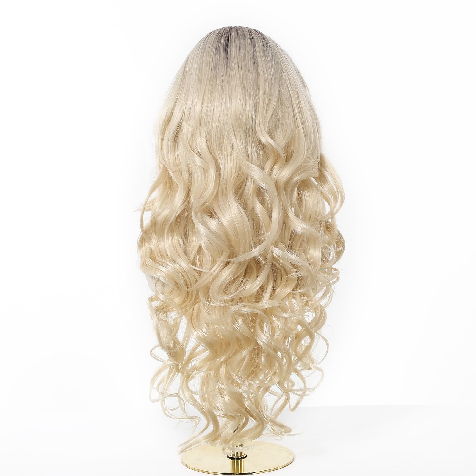 Donne Parrucca sintetica in pizzo biondo Ombre con parte centrale a radice scura Capelli ondulati lunghi Fibra resistente al calore Festa