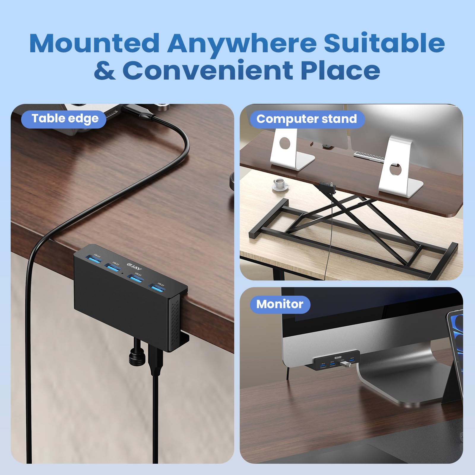 EJAY 4 puertos USB 3.0 HUB abrazadera de aluminio divisor USB 3.0 para escritorio/monitores con puerto de fuente de alimentación adicional, datos de 59 pulgadas y cables de alimentación de 39