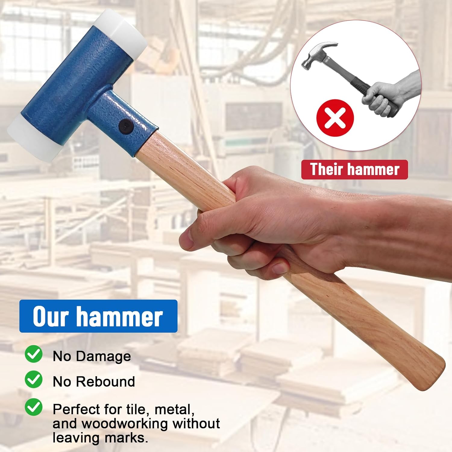 Dead Blow Nylon Hammer with Walnut Handle, Non-Marring Dual-Face Mallet with Steel Shot Core for Tile & Flooring Installation, Metalworking, Mechanical Repair and Assembly Tasks (Blue)