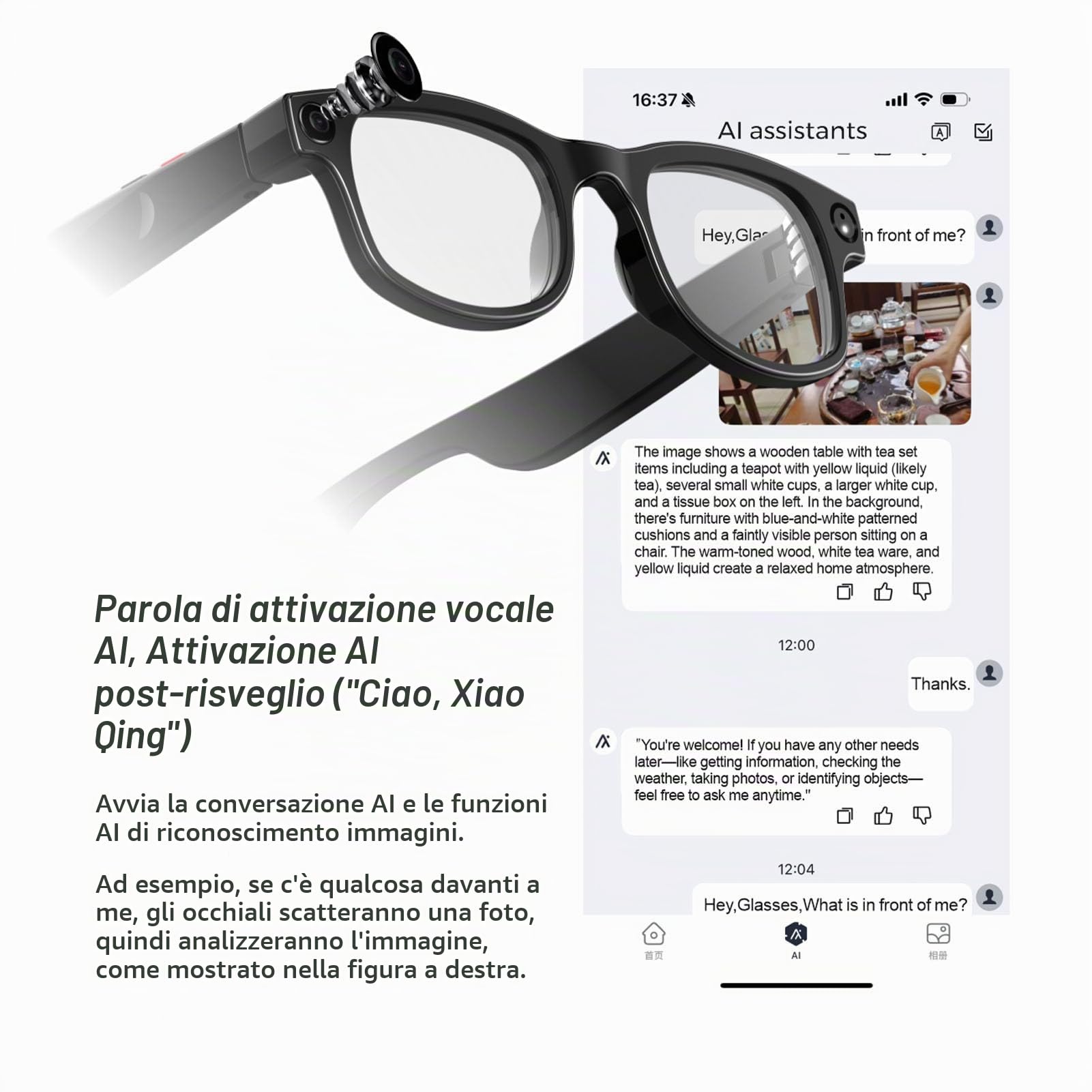 Bewinner AI Smart Glasses with Camera, 1080p HD Registrazione di Foto da 5 MP, Assistente Vocale, Chiamate Musicali Bluetooth, Anti-shake, Occhiali da Sole per i Lavori di Viaggio
