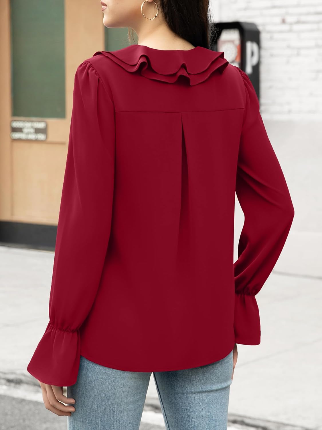 Funlingo Women's Long Sleeve Tops Dressy Casual V Neck Ruffle Tunic Chiffon Blouse Fall Trendy Work Shirts - Image 3