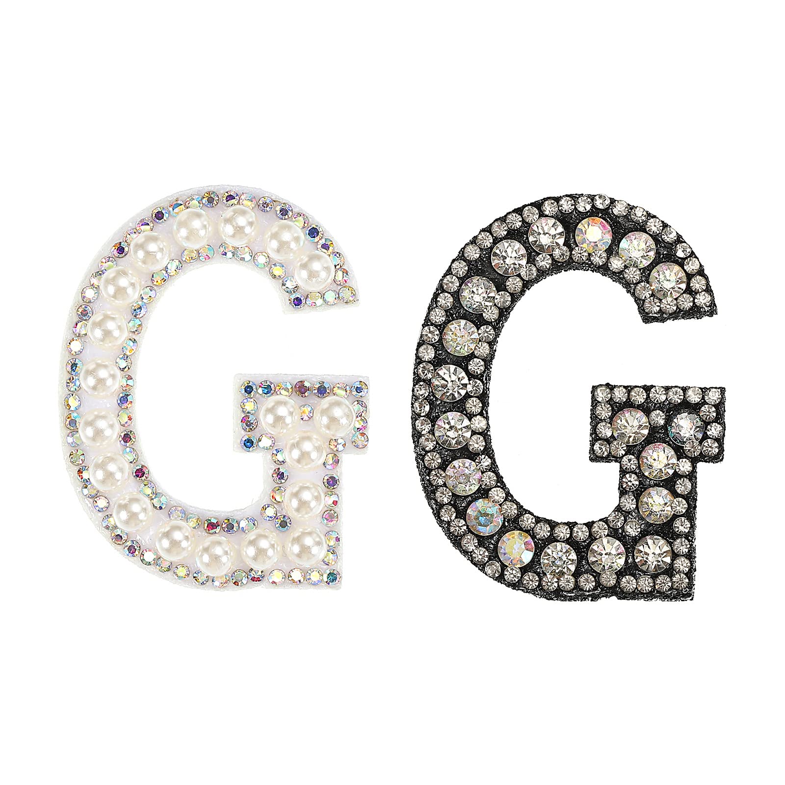 sourcing map Iron on Decorative Letter G Black White Patch Glitter Alphabet Applique Rhinestone Pearl English Letter for DIY Clothes Repair Hats Bags Pack of 2