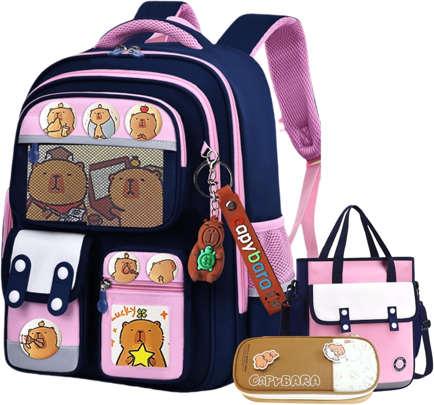 Capybara Backpack Cute Kawaii Backpack 3Pcs Set with Lunch Bag and Pencil Case, Keychain, Funny Going Out Cartoon Bag (Khaki)