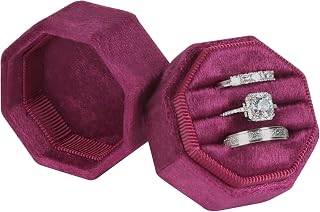 Velvet Ring Box,3 Slots Octagon Jewelry Ring Gift Box Vintage Ring Display Holder Case for Wedding Ceremony Proposal Engagement (Rose Red)