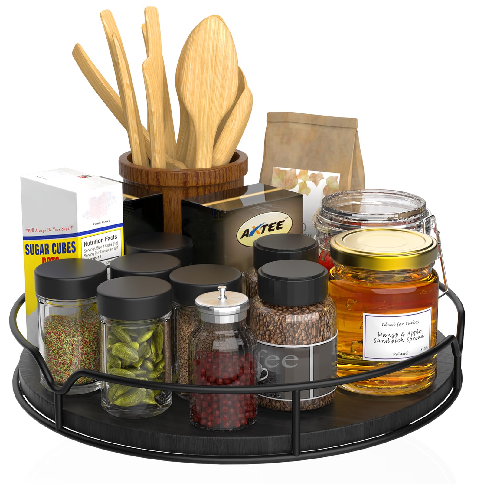 Lazy Susan Drehteller-Organizer für Schrank, 33 cm, schwarz, Speisekammer, Küche, Arbeitsplatte, Kühlschrank, Kiefernholz