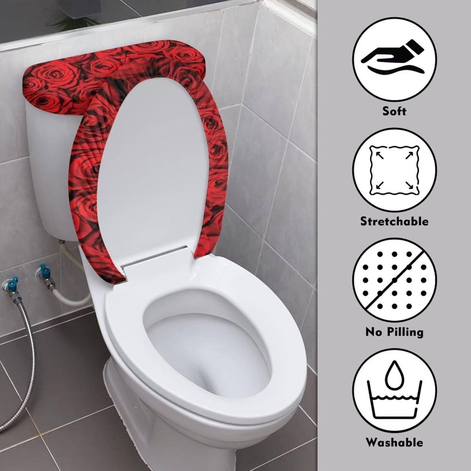 Toilet Lid Cover Tank Lid Cover with Elastic Edge Stretchable Toilet Seat Covers for Bathroom Fit Most Round and Elongated Oval Toilet Bathroom Home Decor(Red Rose)