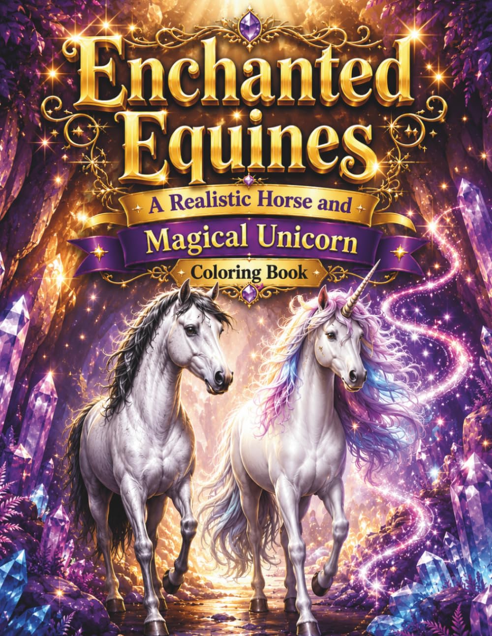 Enchanted Equines: A Realistic Horse and Magical Unicorn Coloring Book: An Immersive Journey into Whimsical Landscapes, Detailed Fantasy Scenes, and Peaceful Nature Escapes for Creative Relaxation