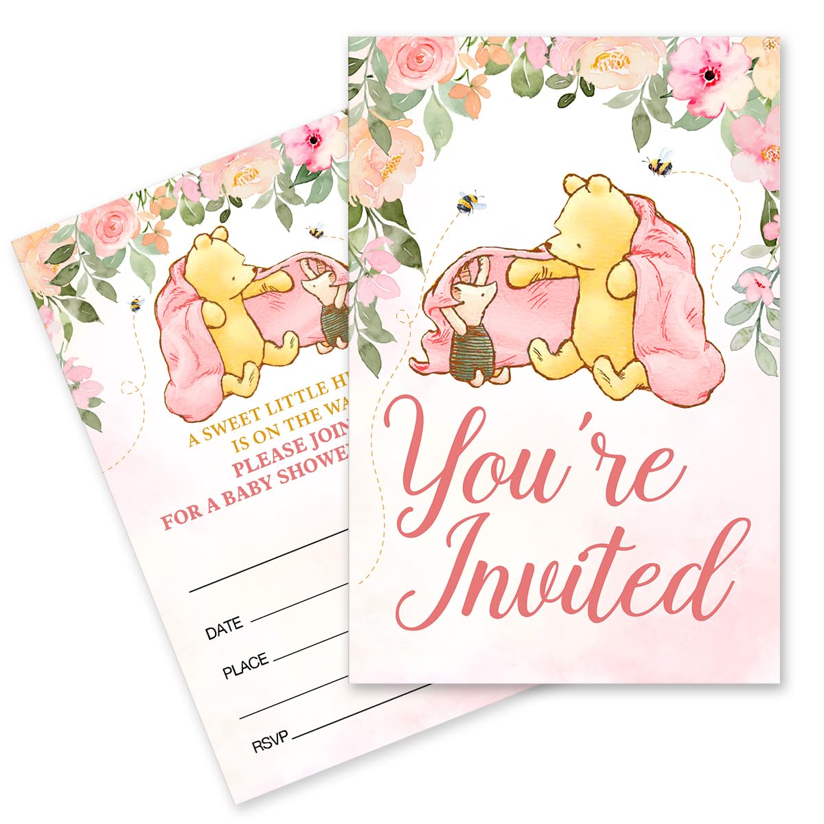 pertnate Pooh Bear Baby Girl Baby Shower Invitations Pink (20 Count with Envelopes)