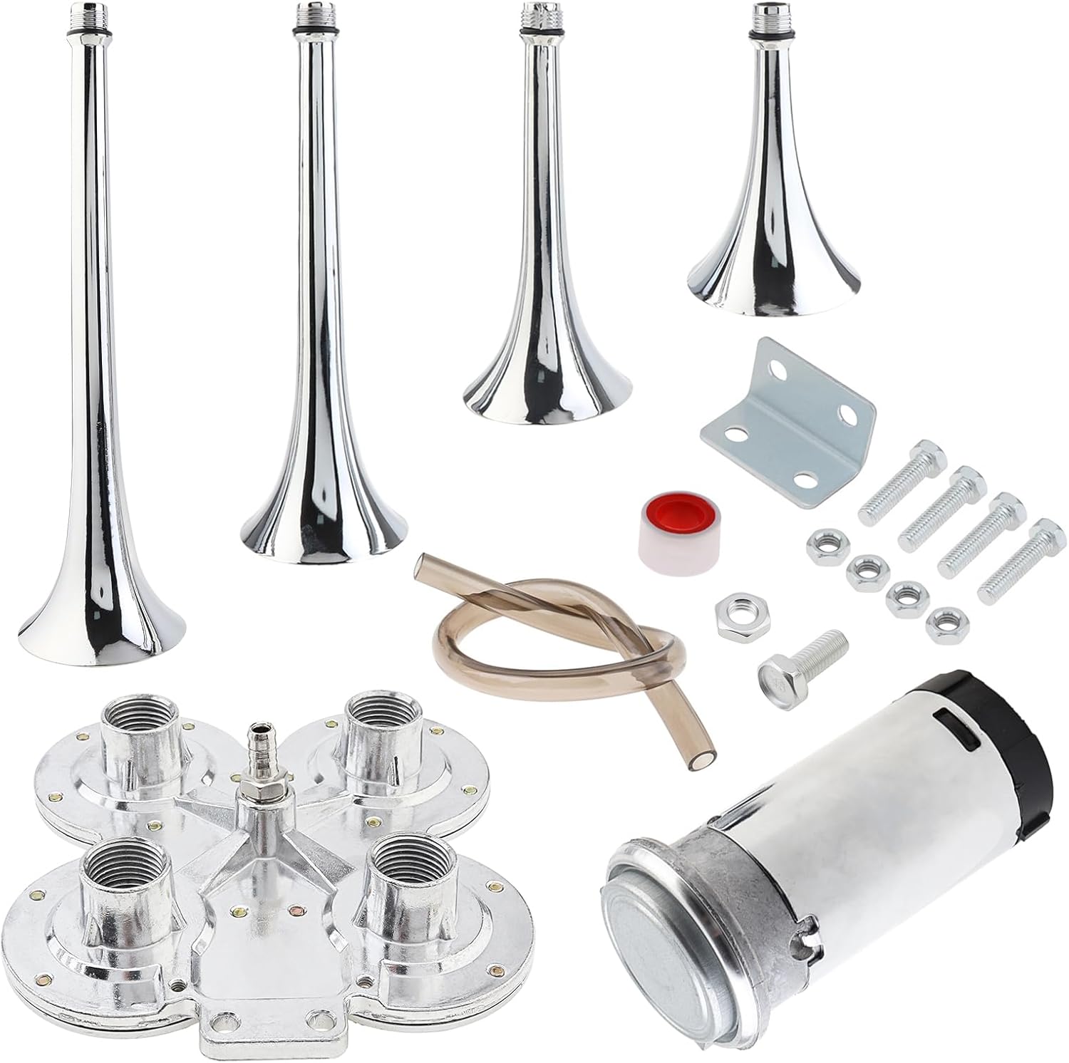 Train Horns Kit, 4 Trumpet Air Horn Kit, 12V 185db Super Loud Train Horns for Pickup Trucks, Four Trumpet Air Horn with Compressor for Vehicle Cars Trucks Pickup Trains Lorrys Boats