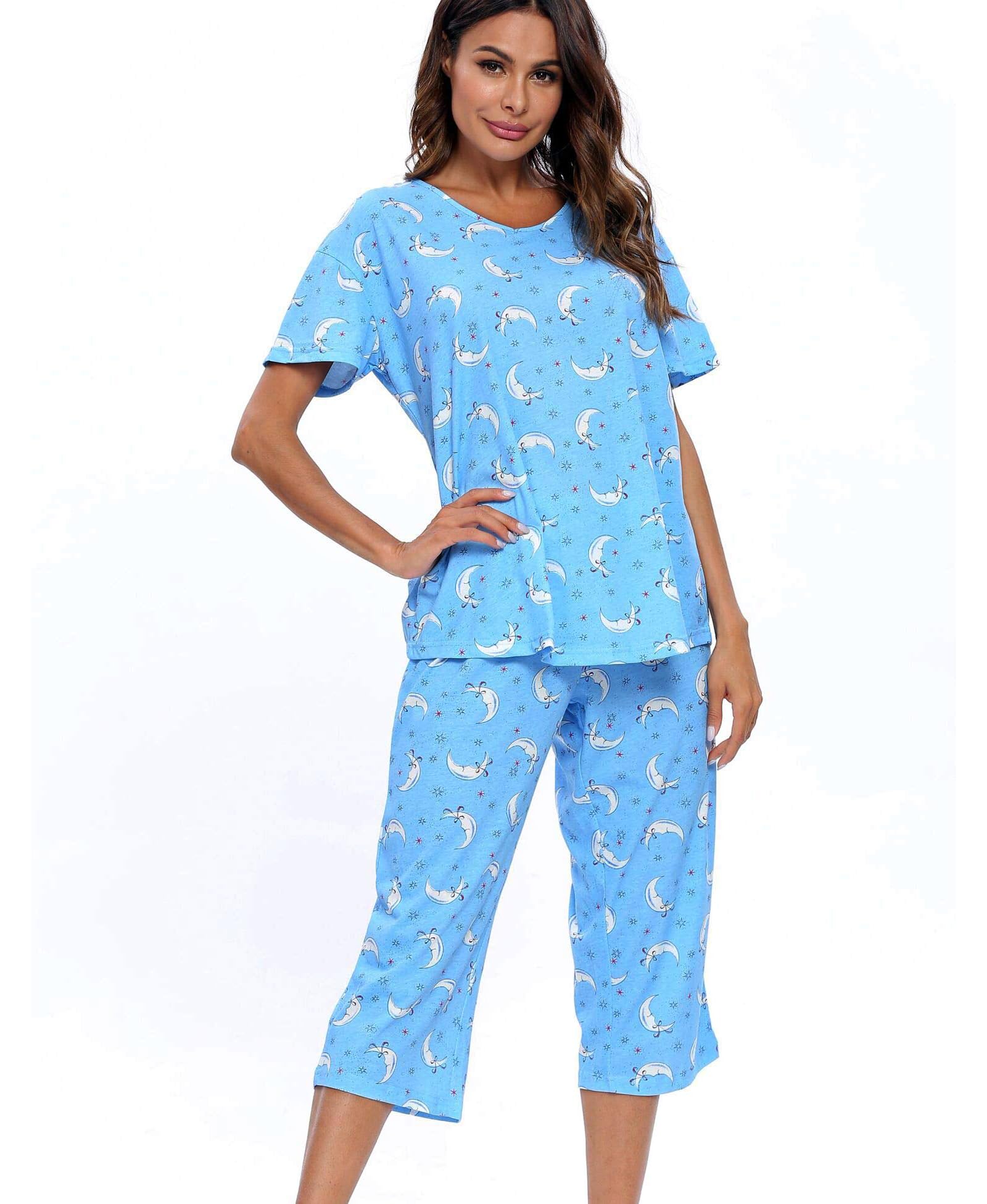 Schlafanzug Damen Zweiteiliger Pyjama Sommer Nachtwäsche Kurz Baumwolle Hausanzug Capri Sleepwear Oberteil und 3/4 Hose S-XXL