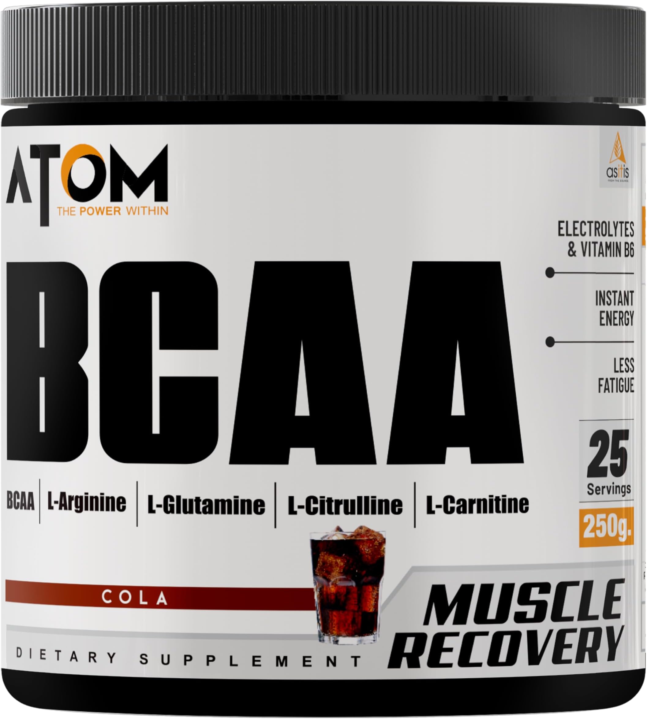 AS-IT-IS ATOM BCAA 250g with L-arginine, L-Carnitine, L-Citrulline for Energy burst & Athletic Performance | Cola Flavor