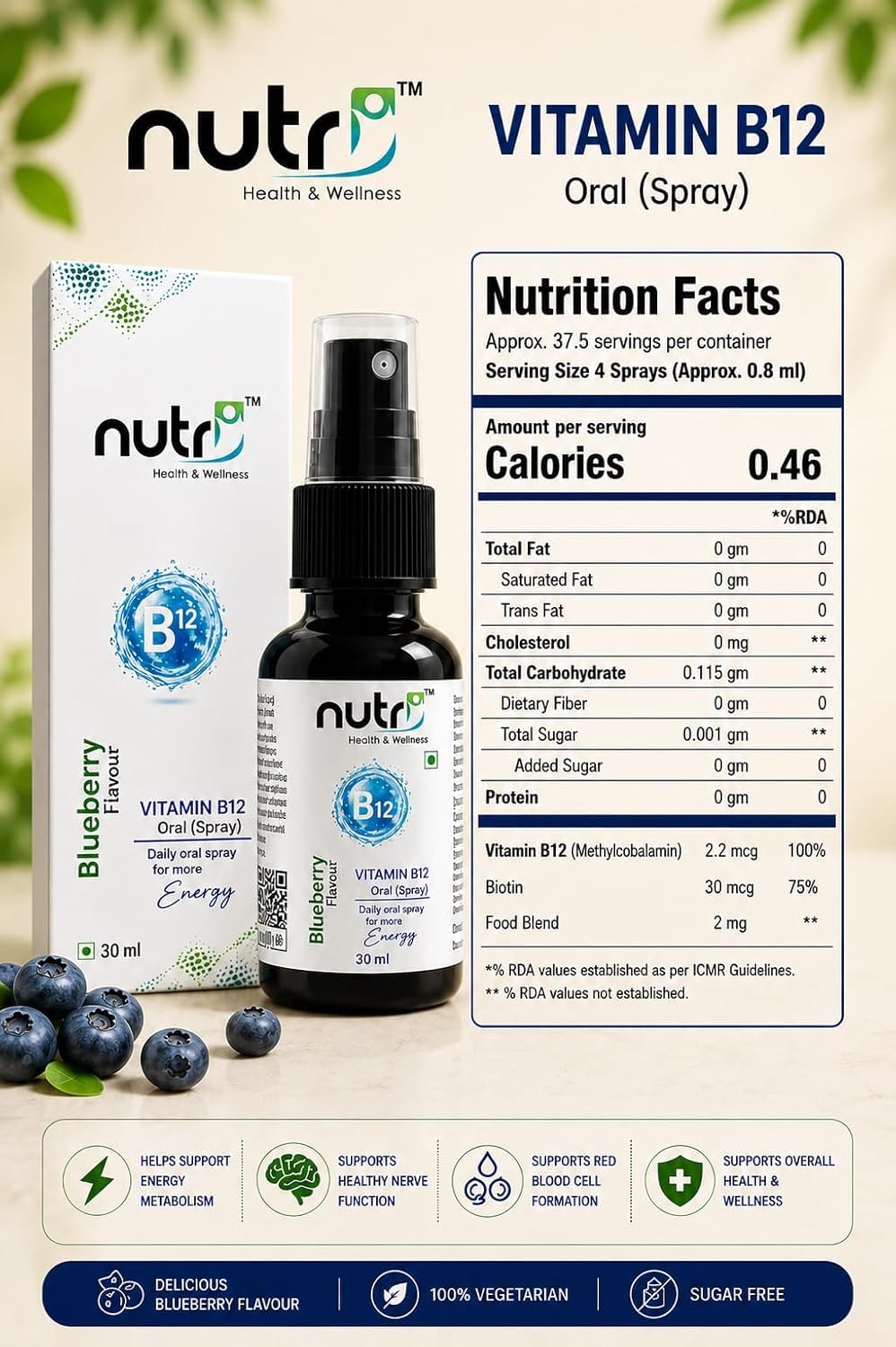 Nutri Health & Wellness Vitamin B12 Oral Spray Combo Pack of 2 | Methylcobalamin & Biotin | Blueberry Flavour | Sugar Free | 100% Vegetarian | Daily Wellness Supplement | 30 ml Each — Amazon image 6