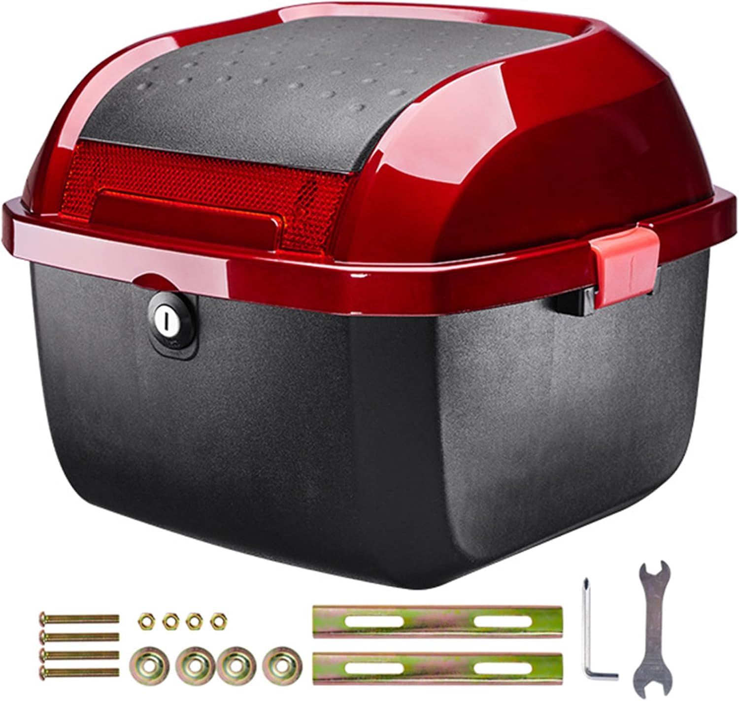 Motorcycle Top Case Universal Motorcycle Top Box Tail Trunk Luggage Box with Security Lock, 25L Scooter Hard Case with Mounting Hardware, Storage Carrier Case,Red