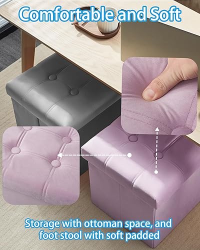 Miniatura 6 de Taburete otomano de almacenamiento, otomana plegable de 17 pulgadas con almacenamiento, banco de almacenamiento de terciopelo con bolsillo lateral,