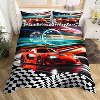 Race Car Kids Duvet Cover Set Twin Size,Geometric Grids Ombre Stripes Bedding Set,Boys Girls Adults Room Decor,Racing Flag Extreme Sports Games Comforter Cover,Red Fashion Quilt Cover,1 Pillowcase