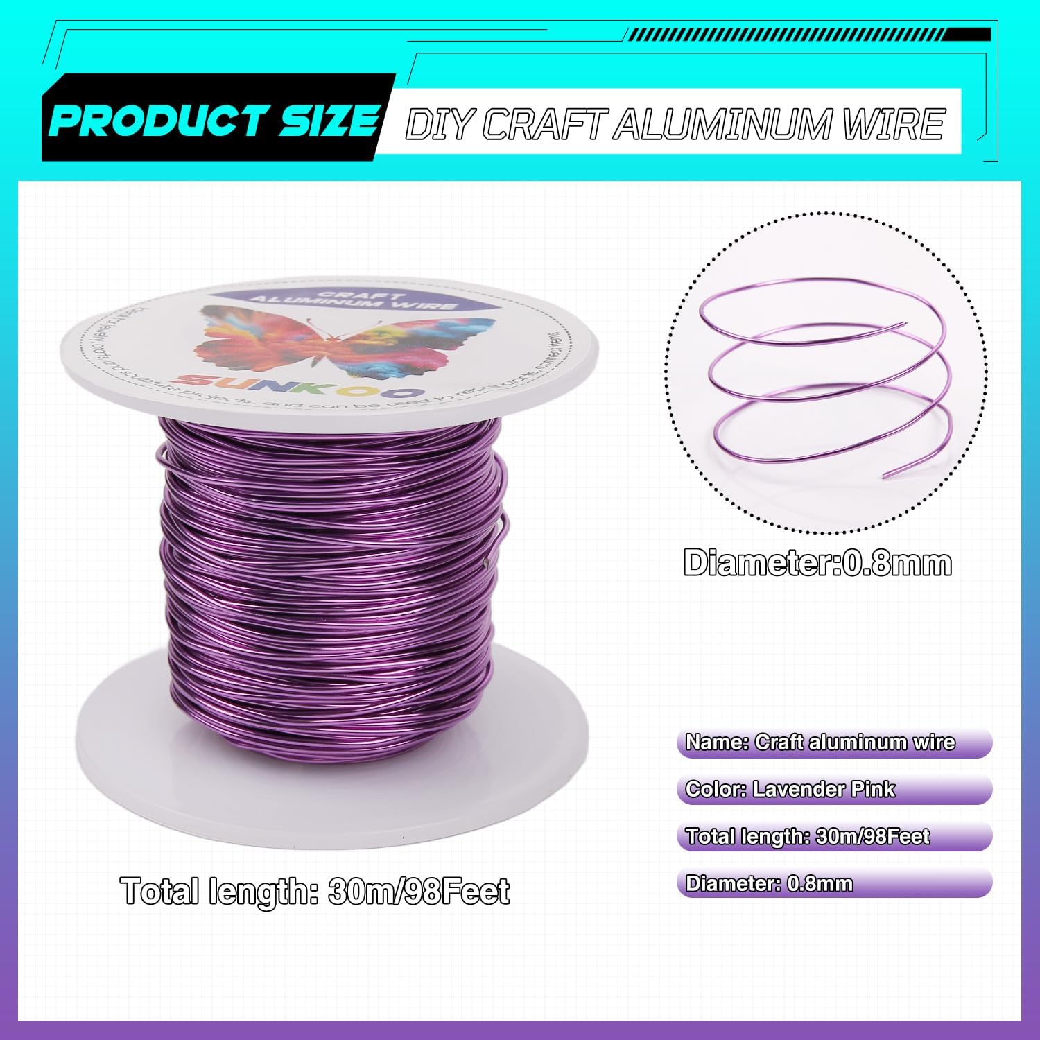 Sunkoo 20 Gauge 0.8mm Lilac Aluminium Craft Wire,98.4Ft Bendable Wire for Jewellery Making Sculpting, Floristry, Armature - Image 2